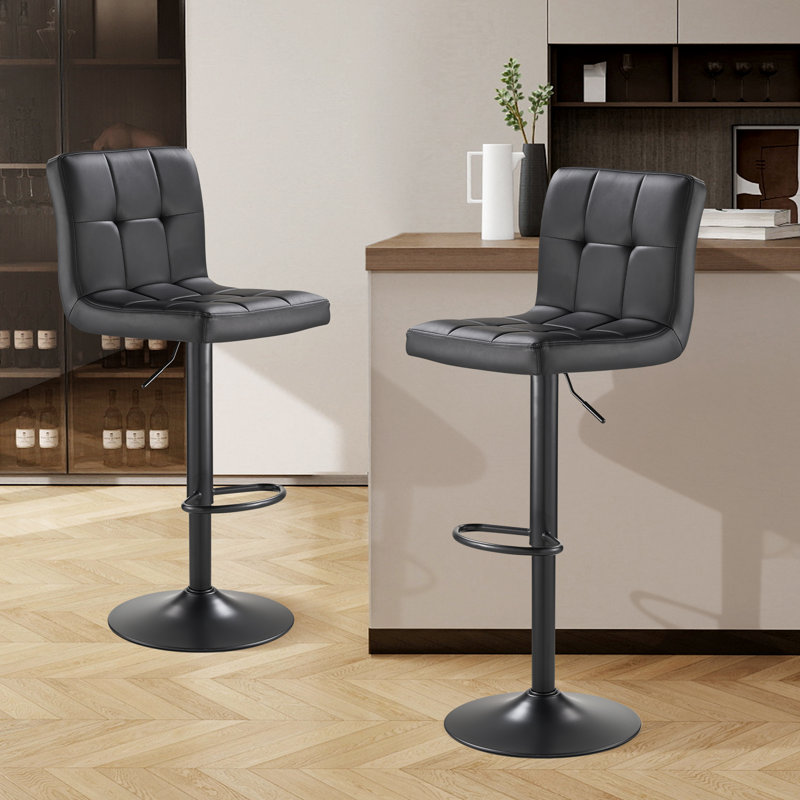 Tabourets de bar pivotants réglables, tabouret de bar à coussin de siège épaissi avec dossier, chaises de bar en cuir de polyuréthane à hauteur de comptoir pour îlot de cuisine, salle à manger, noir avec base noire (ensemble de 2)