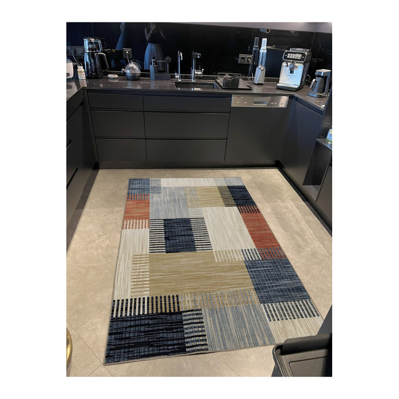 Tapis décoratif beige moderne à rayures carrées mélangées lavable à la machine, Tapis de couloir 2 pi 6 po x 9 pi 10 po