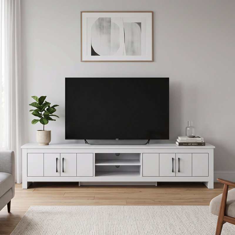 Limestone Extra Wide 4 Door TV Unit with Open Shelves, White