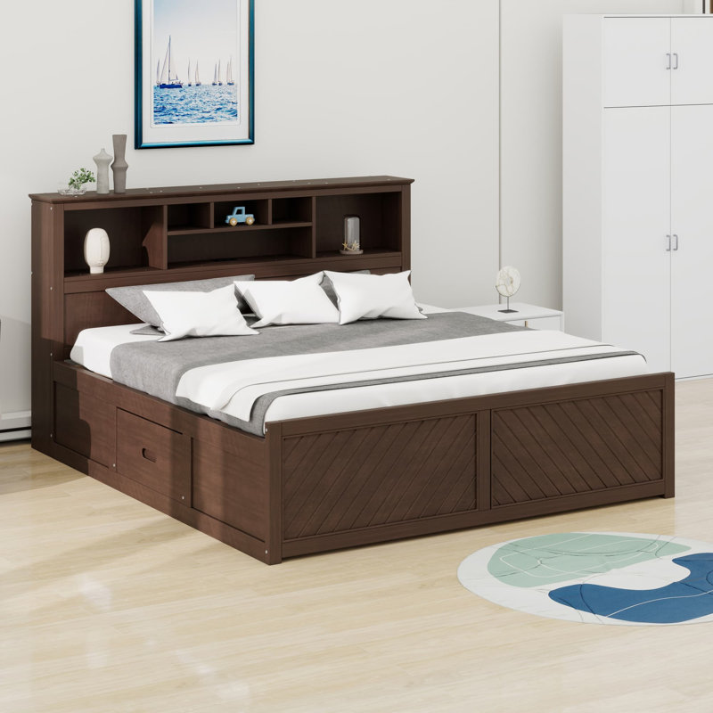 Lit plateforme avec tête de lit multi-rangement, USB et tiroirs, Brun