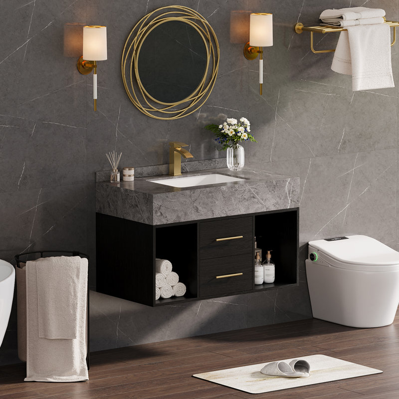 Ensemble de meuble-lavabo mural moderne flottant noir avec pierre frittée encastrable 35 po Chiverton, Noir et or, 35", Gris