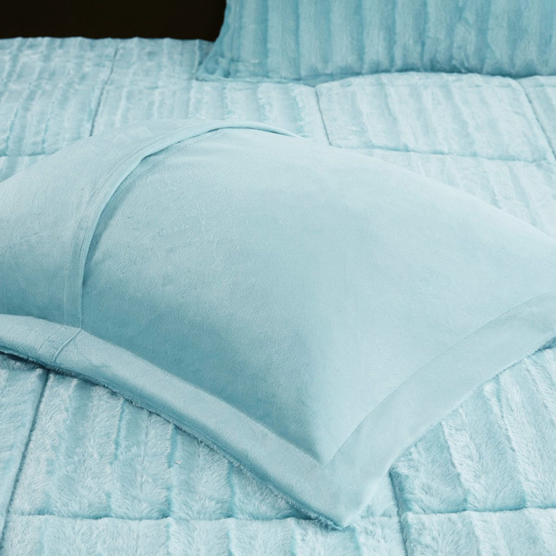 Édredon en fausse fourrure pour lit double / grand lit - bleu sarcelle, élégant, 2 coussins bleus pour lit double / grand lit, taies décoratives élégantes