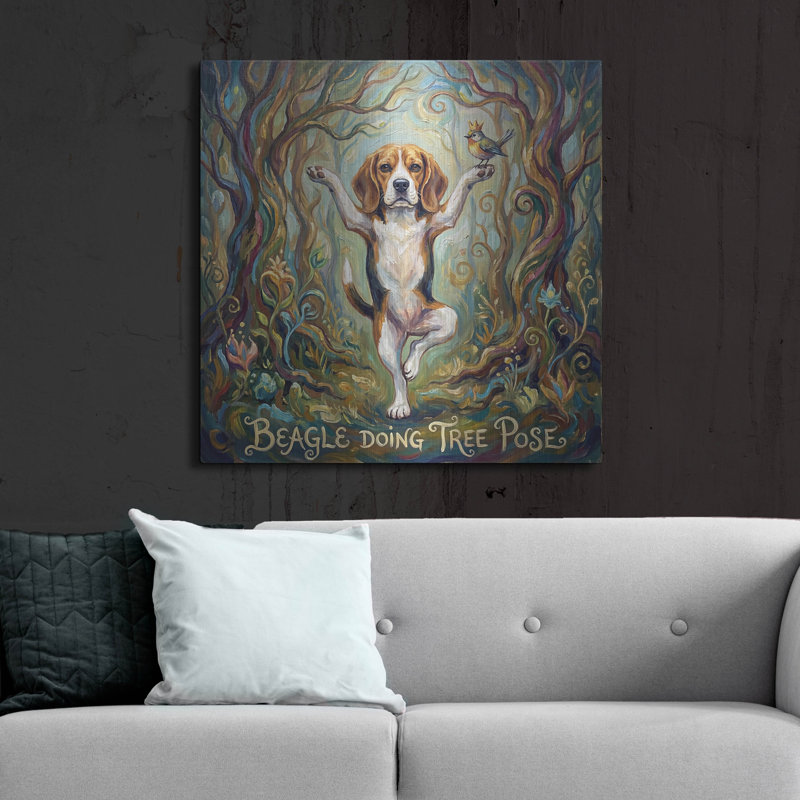  «Beagle Yoga Tree Pose» par Rich Monet, art mural en métal, 36 po x 36 po