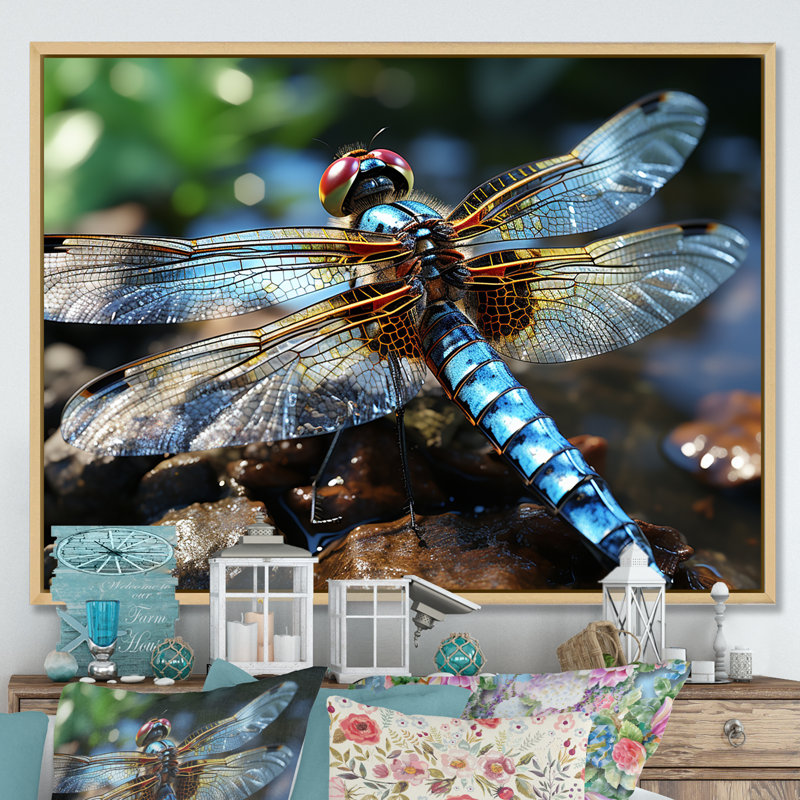 «Blue Fluttering Dragonfly I», art mural libellule, H 30 po x l 40 po x P 1,5 po, Cadre flottant brun