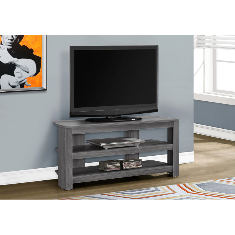 42 Inch Contemporary Grey Tv Stand Entertainment Center With Open Shelves For Accessories Laminate Console Two Thick Panel Home