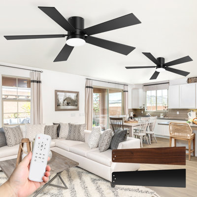  2 Pack 42 Inch Black Ceiling Fans with Lights, Flush Mount Ceiling Fan with Remote Control, 6-Speed Reversible DC Motor, Ceiling Fan for Bedroom, Living Room & Covered Outdoor