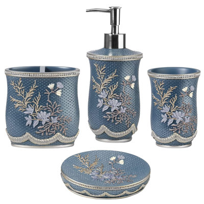 4pc Capri Bathroom Accessories Sets Modern Classic Soap Dispenser, Tumbler, Tooth Brush Holder and Soap Dish Holder Unique Design Royal Blue Bathroom Set