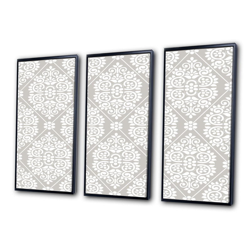 Damas gris clair et blanc - ensemble d'art mural sur toile encadré traditionnel, H 28 po x l 36 po x P 1 po, Noir
