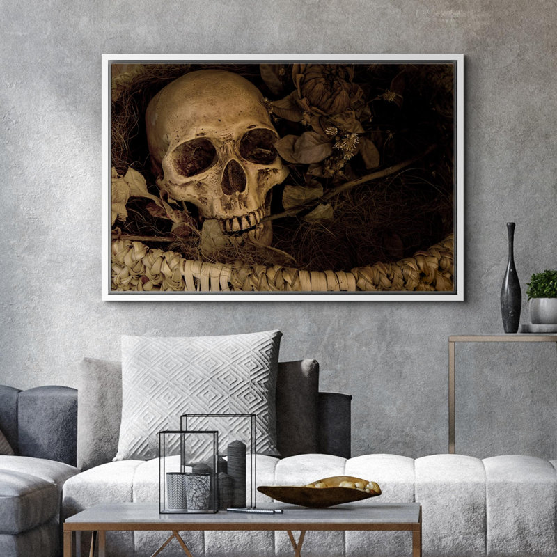 «Skeleton Gothic Moody Dark», œuvre d'art moderne, décor, H 16 po x l 24 po, Cadre flottant blanc