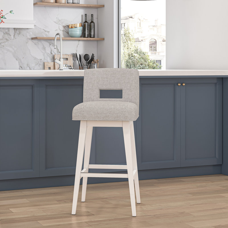 Villeneuve Wood Upholstered Key Back Adjustable Swivel Stool, Oatmeal Seat/Pure White Frame