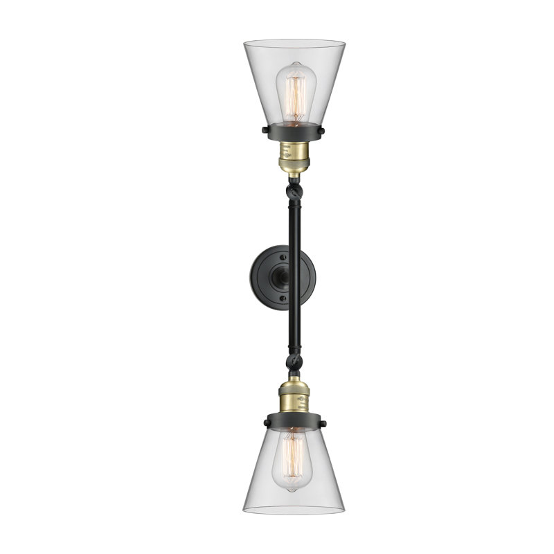 Éclairage de meuble-lavabo inclinable 2 lumières Cone, Ampoule incandescente rétro 60 watts, Clair, Laiton antique noir