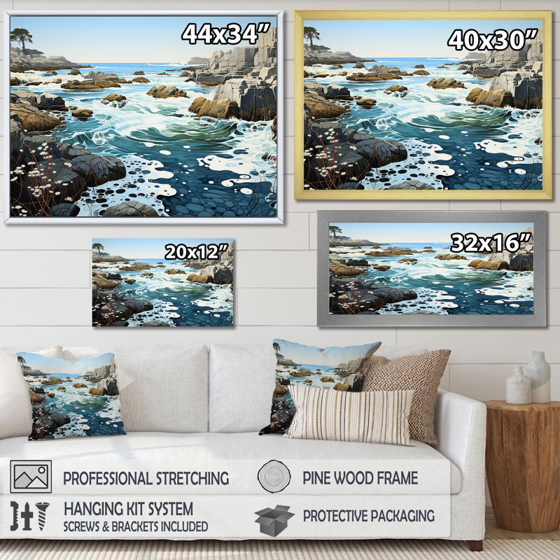 Paysage de plage sauvage IV sur toile, H 16 po x l 32 po x P 1 po, Cadre simple blanc