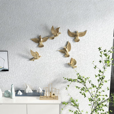 6 Pieces Set Gold Flocking Birds Modern Wall Decor Set For Living Room - DIY Combination