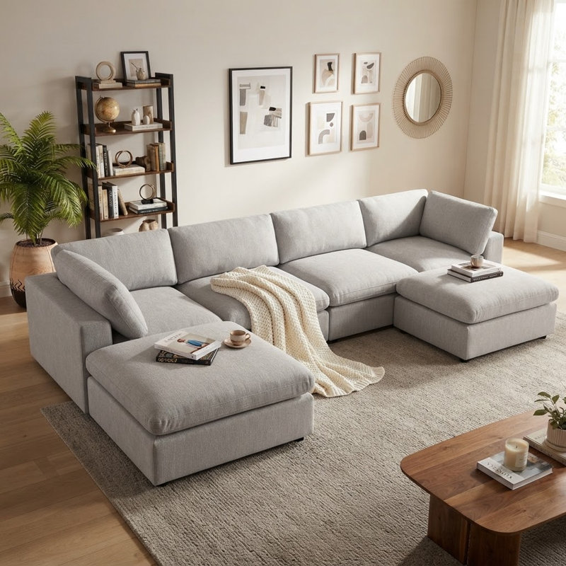 Zantos 6-Piece Upholstered Sectional with Ottomans, Light Gray