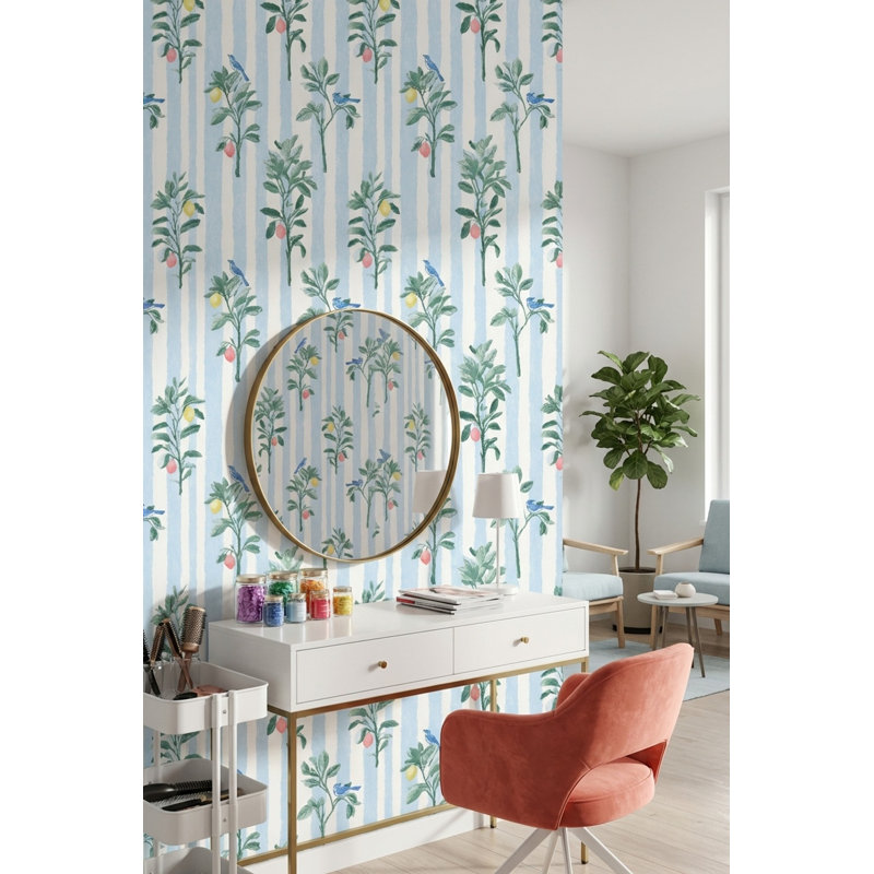 Citrus Wallpaper Bluebirds Vertical Stripes Wall Mural, Peel&Stick