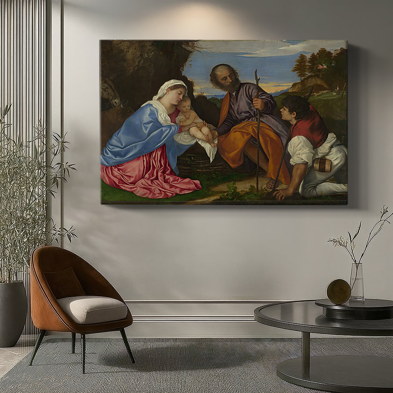 La Sainte Famille avec un berger-Titien-Toile tendue avec châssis-c. 1510, 32 x 48