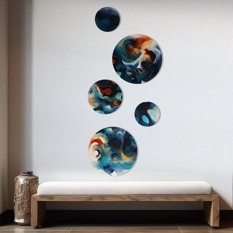 Ensemble de 5 décorations murales à encre liquide en marbre bleu et orange III