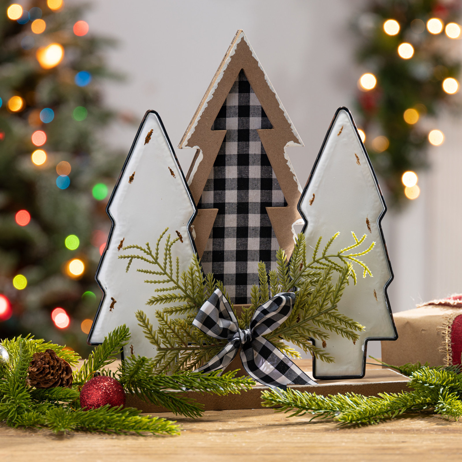 Rustic Wood Holiday Trees with Pine & Bow 12"H