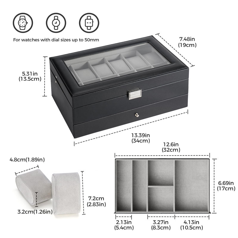 12-Slot Men's Watch Box with Drawer, Black
