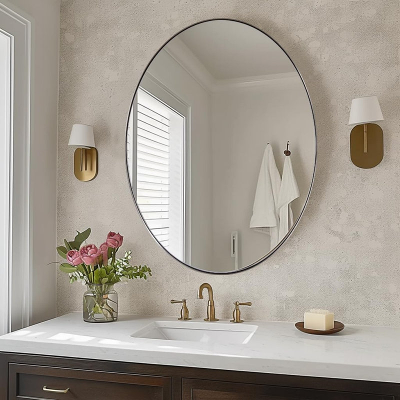 Kaitlee Modern Oval Bathroom Vanity Wall Mirror | Stainless Steel Frame, Brushed Nickel, 28'' x 20'', Oval