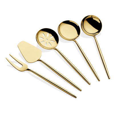 Ensemble de service élégant en acier inoxydable 5 pièces, enduit or 24 carats | Comprend une louche de 8,1 po, une cuillère de 8,7 po, une fourchette de 8,9 po, une crépine de 8,7 po, une spatule de 9,3 po | 100% acier inoxydable, va au lave-vaisselle (programme délicat) | Parfait pour recevoir