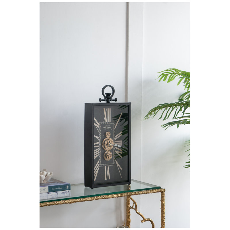 Decorative Table Clock with Roman Numerals and Gold Gear Accents, Black Iron Rectangular Desk Clock for Home Office