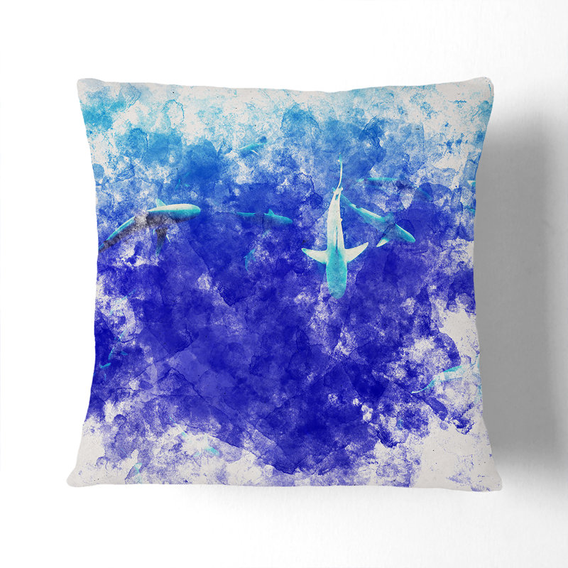 Oahu Sharks Watercolour Cushion with Filling, 55cm H x 55cm W x 20cm D