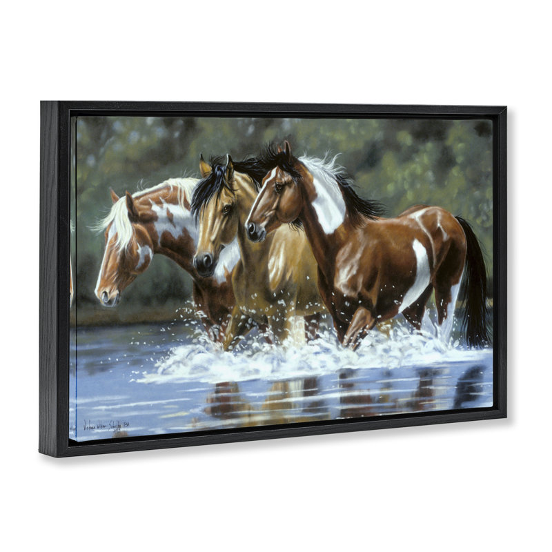 Toile encadrée «Heading Up Stream Horses» par Victoria Schultz, Cadre flottant noir de jais, H 17 po x l 25 po