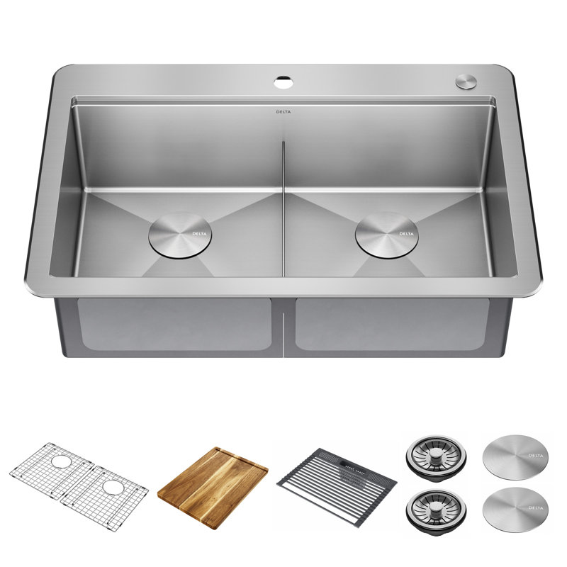 Delta Lorelai™ 33" L Workstation Kitchen Sink Drop-In Top Mount 16 Gauge Stainless Steel Double Bowl