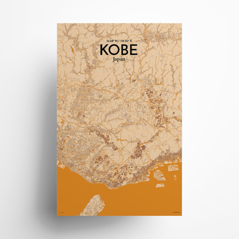 Kobe City Map, impression, Orange / or pâle, H 17 po x l 11 po