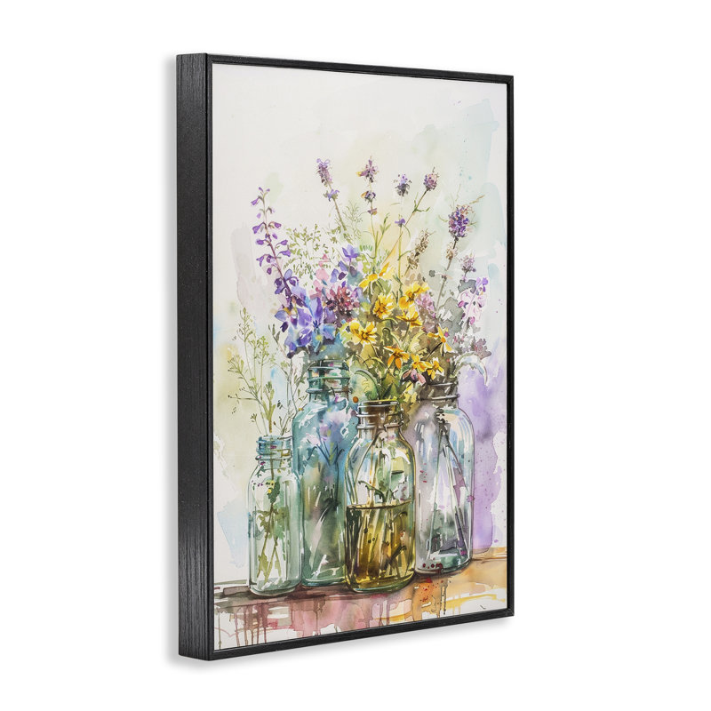 «Bright Wildflower Jars», estampe numérique par Franklyn Gregory, H 18 po x l 12 po, Giclée encadrée noir minuit