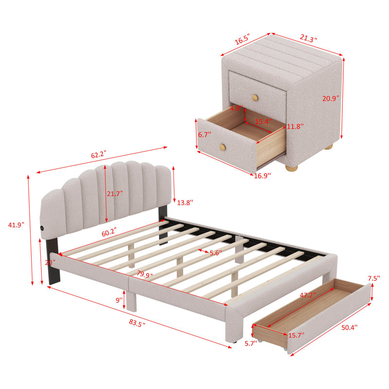 Abinayan Twin Upholstered Platform 2 Piece Bedroom Set, Beige