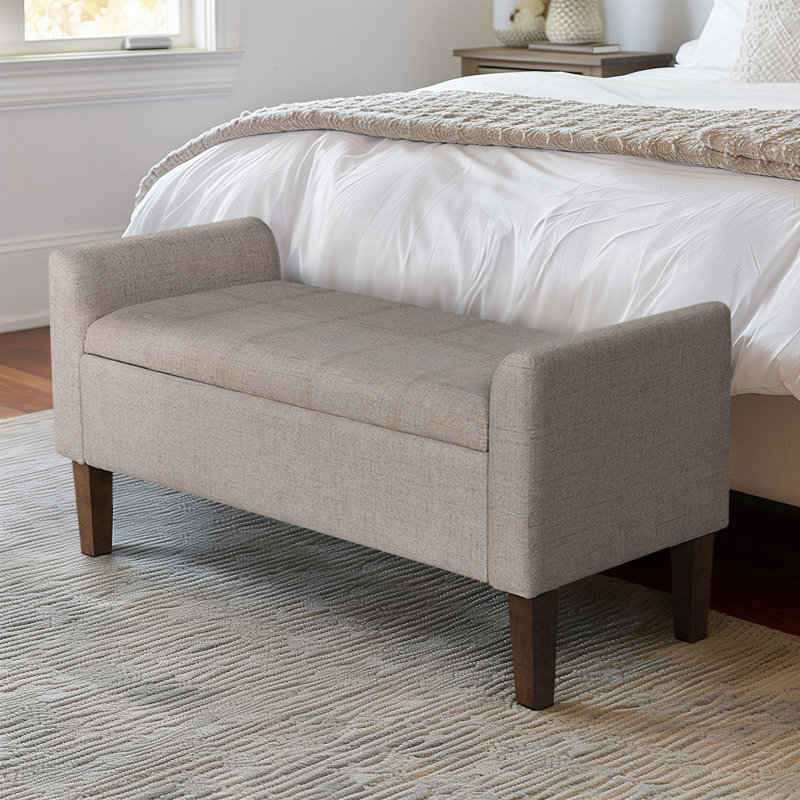 Light Taupe Upholstered Flip-Top Storage Bench with Wood Legs