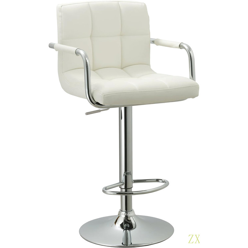 Contemporary Adjustable Swivel Arm Bar Stool With Cushion, White