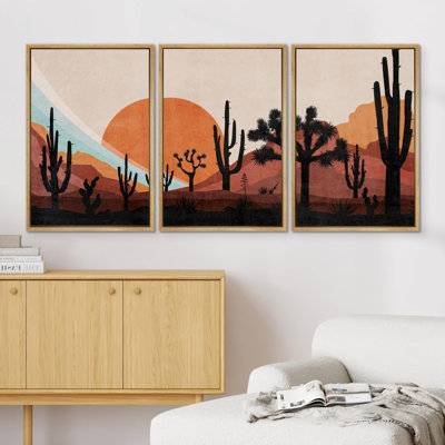 Desert " Southwestern Desert Orange Sunset Dusk Cactus Joshua Tree Silhouette West Landscape Modern Ultra " 3 - Pieces