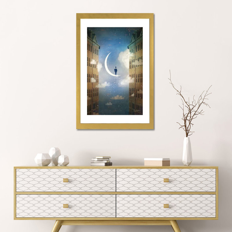 «Good Night» par Catrin Welz-Stein - impression d'art graphique, Papier encadré doré, H 24 po x l 16 po x P 1 po, Blanc