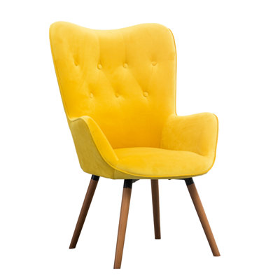 Elegant Yellow Velvet Accent Chair With Back And Solid Wood Legs Button Detail Base