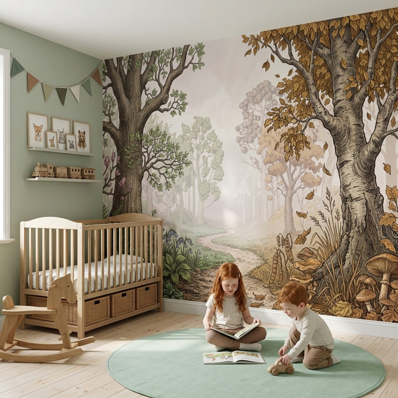 Décoration murale botanique amovible Misty Forest, 200 po x 120 po, Peler et coller