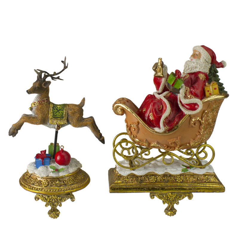 Gold Santa and Reindeer Glittered Christmas Stocking Holders Set