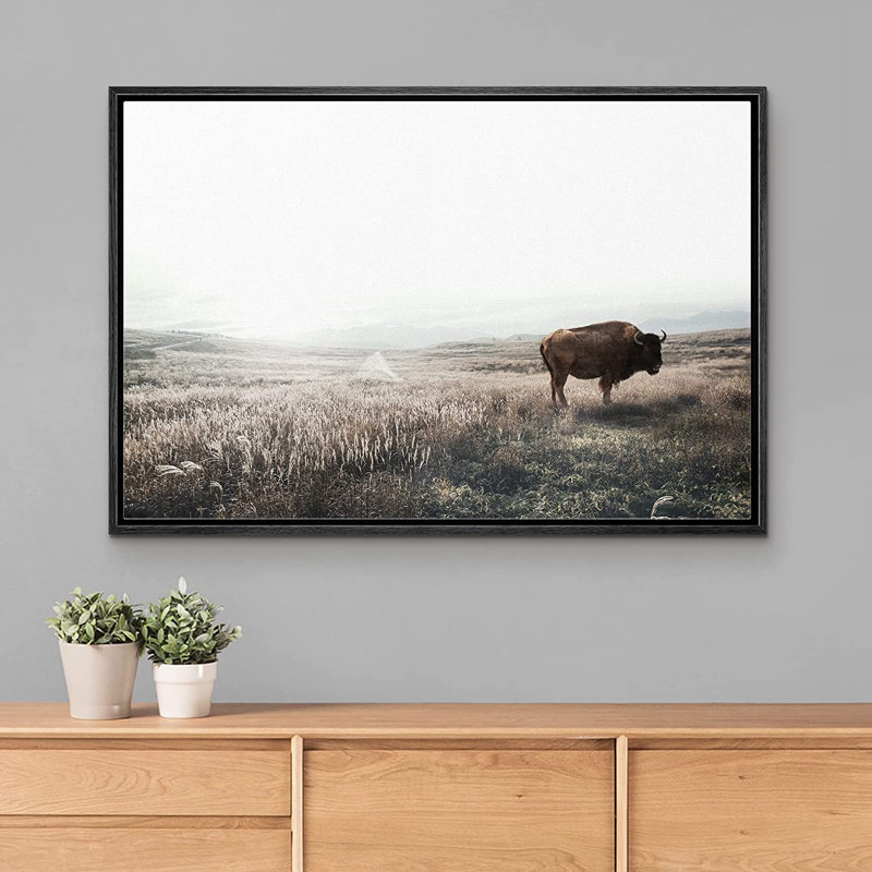 Bison Buffalo in Misty Washed Out Landscape Animal Rustic Wall Art Framed On Canvas Pictures Print, 24" H x 36" W x 1.5" D