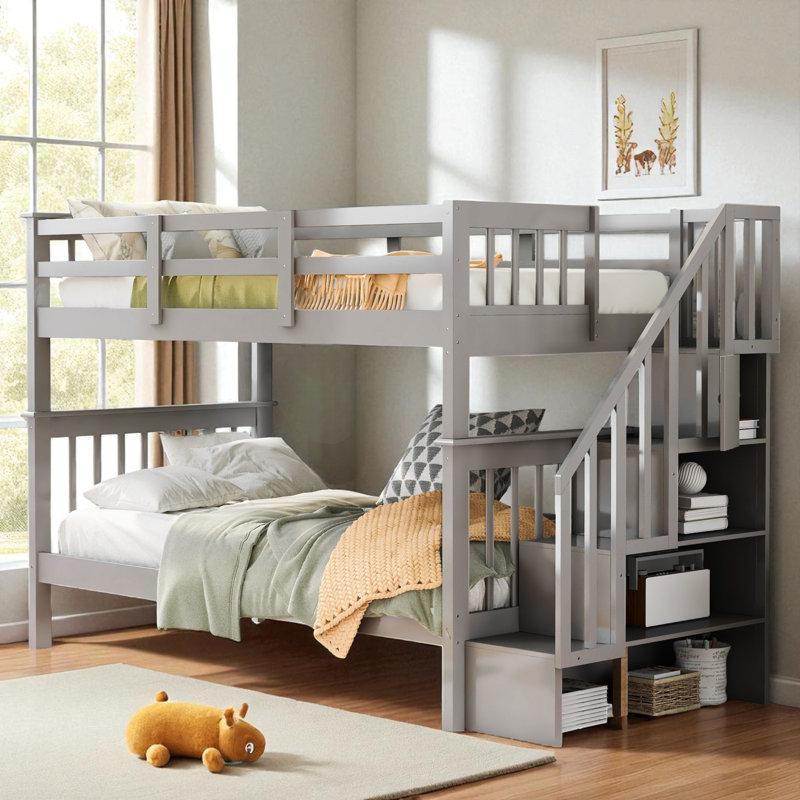 Lit superposé en bois avec escalier de rangement, Gris, Simple sur simple