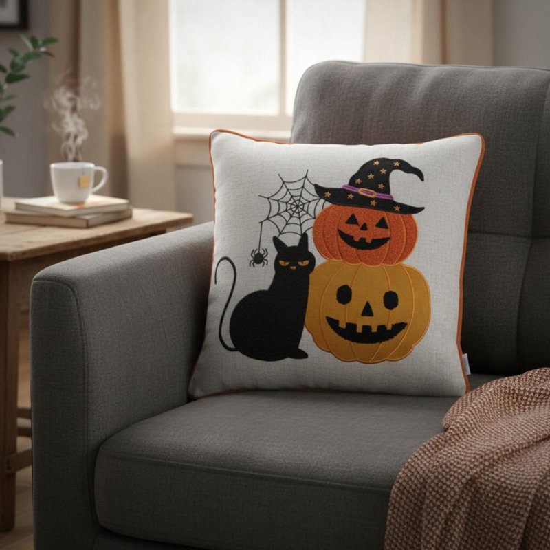 Ensemble de 2 coussins décoratifs empilables Chat noir et citrouille pour l'Halloween, 2
