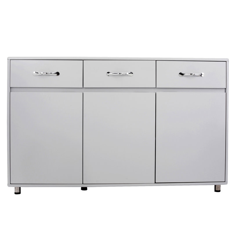 Table d'appoint grise avec grande capacité de rangement et lignes élégantes à trois portes en gris, procédé de peinture supérieur