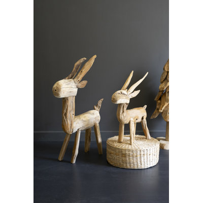  Rustic Teak Reindeer 30.5"H & 20"H, Natural Wood Handmade Christmas Decor (Set of 2)