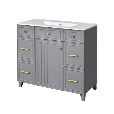 Meuble-lavabo 36 po avec lavabo en céramique gris, structure en bois massif, portes à fermeture en douceur, tablettes réglables, 3 tiroirs, y compris un tiroir à double profondeur pour le rangement du sèche-cheveux