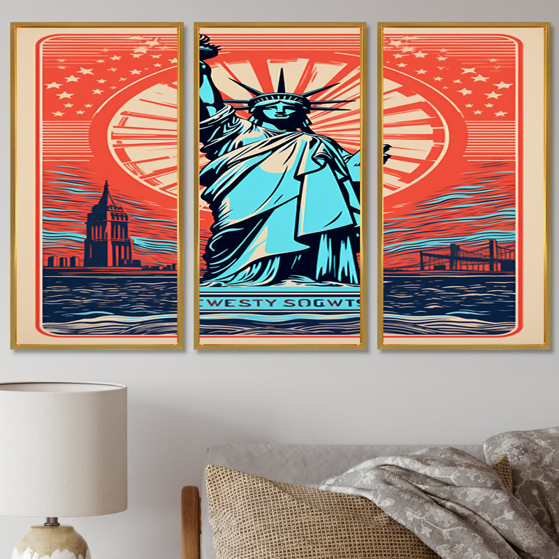 Statue de la Liberté, rétro, Illustration de New York, ensemble d'art mural Monuments, H 28 po x l 36 po, Doré
