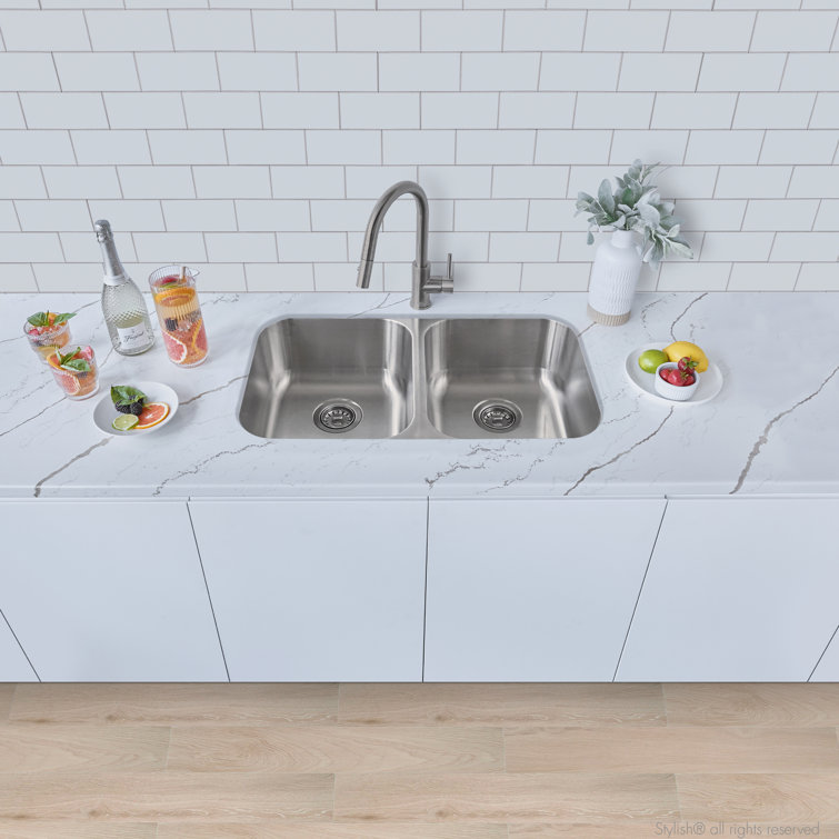 Stylish Olivine Dual-Mount 32 Stainless Steel Double-Bowl Kitchen Sink