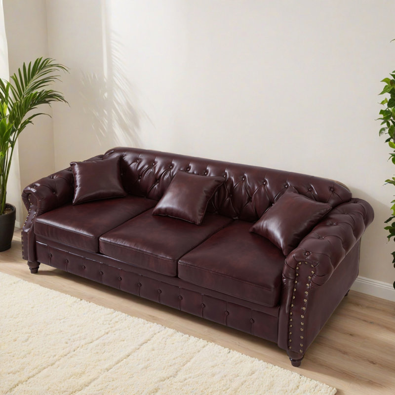 Canapé rembourré en similicuir 85,81 po Chesterfield, Bourgogne