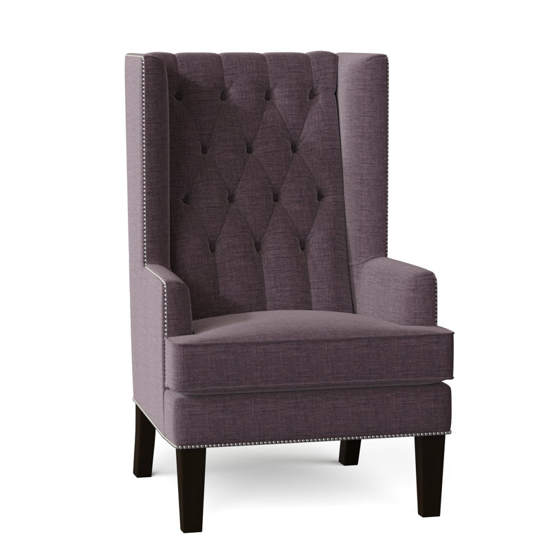 Searle Upholstered Wingback Chair, Marlow Plum, Mahogany