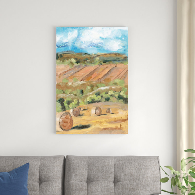 «Hay Bales I» par Melissa Wang - peinture sur toile tendue, H 36 po x l 24 po
